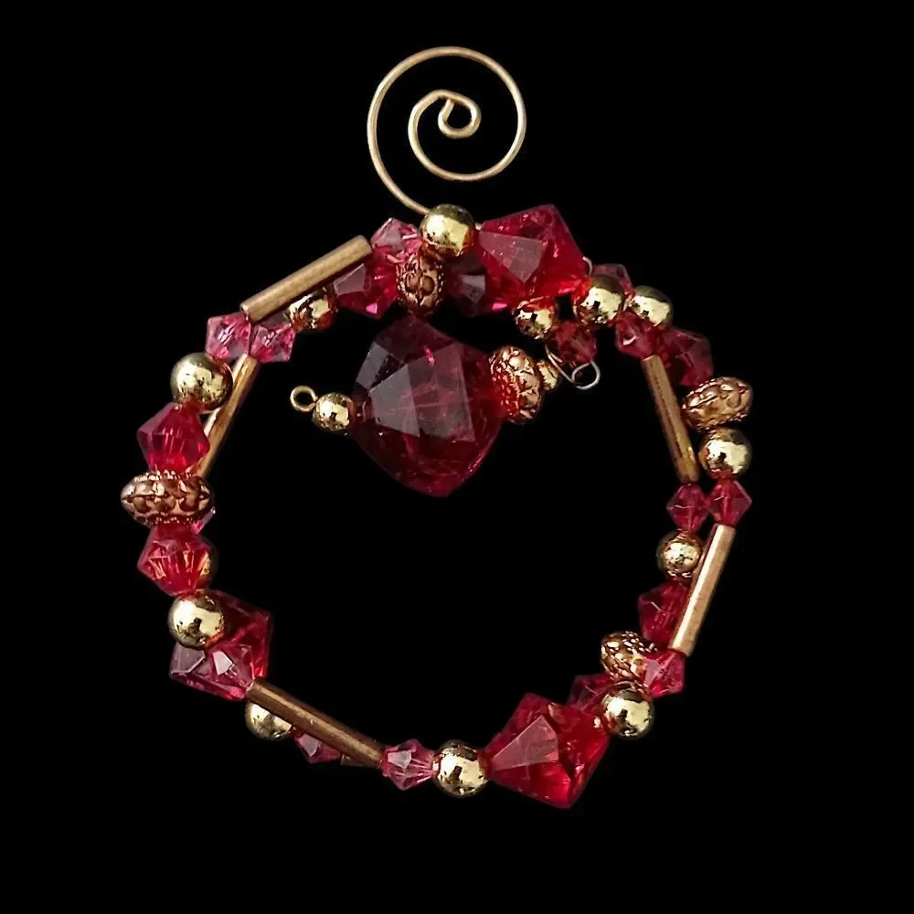 Beaded Memory Wire Ornament Spiral Dangle‎ Twist Sparkly Christmas Red Gold Tone